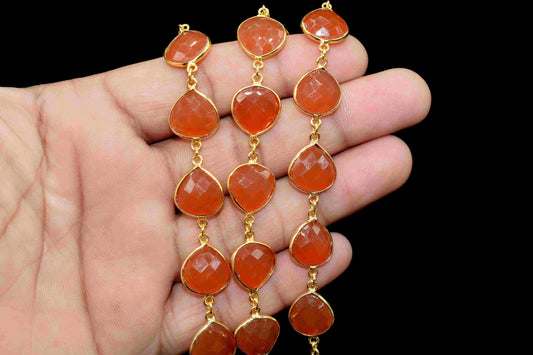 Natural Carnelian Bezel Chain, Carnelian 12mm Heart Shape Connector Chain, Carnelian Bezels Chain, Carnelian Connectors Link Chain, Jewelry