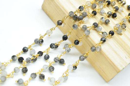 Black Rutile Cluster Rosary Chain,Gemstone Rosary Chain,Wire Wrapped Necklace Chain,Black Rutile beaded Chain,Finding Handmade Jewelry Gift