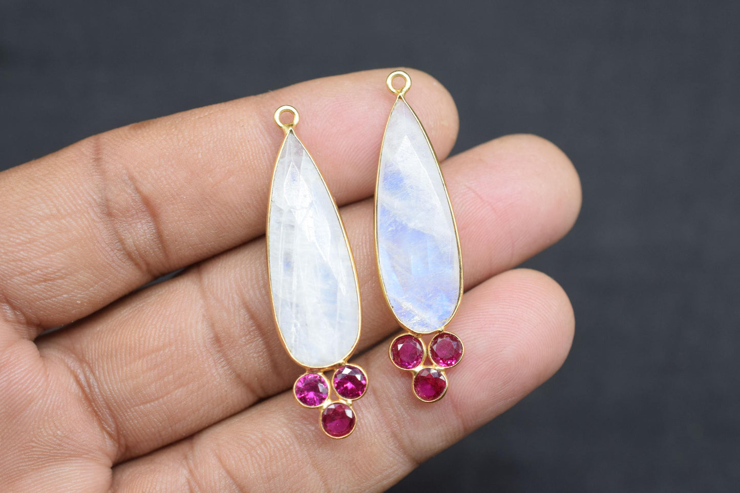 Natural Moonstone 10x30mm Pear shape Bezel charms,Moonstone Pendant,Gemstone connector,Moonstone Jewelry,Cubic zirconia Bezel charm,P121