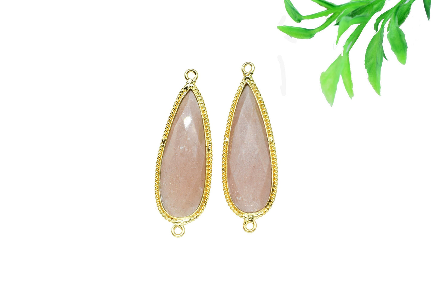 Peach Moonstone Faceted 10x30mm Teardrop Charms,Peach Moonstone Pendant Jewelry,Peach Moonstone Double Bail Bezel,Brass Gold Plated bezel