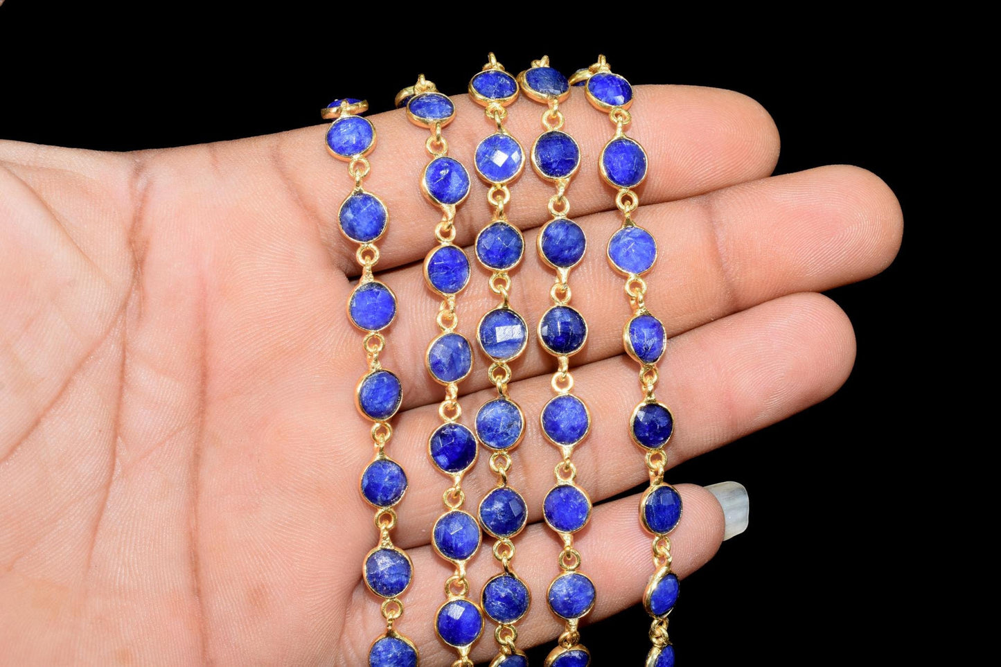 Blue Sapphire Faceted Bezel Connector,Finding Round Bezel Chain,handmade Jewelry Chain,Station Link Chain,Sapphire Round Bead Chain necklace