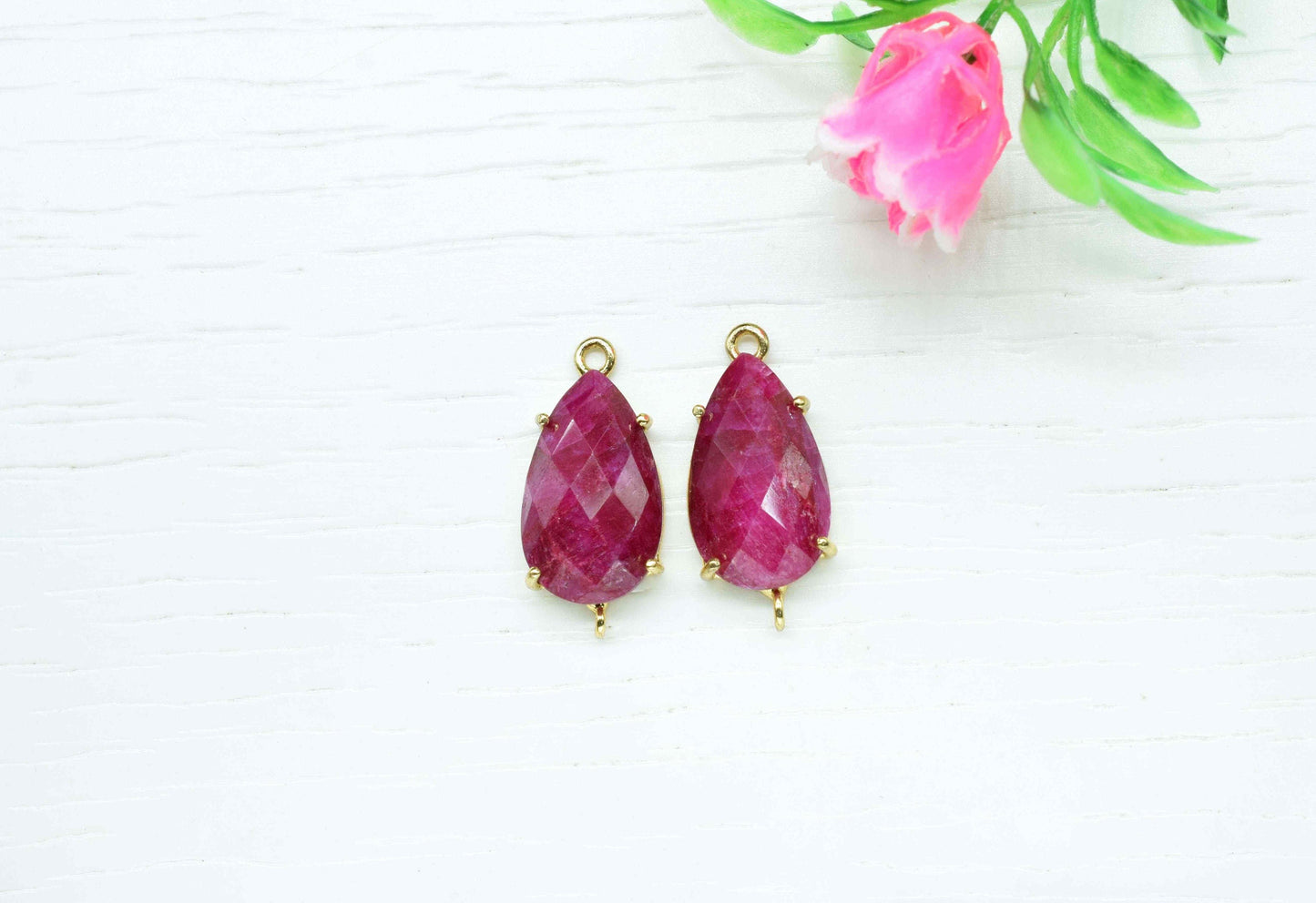 Natural Ruby Connector,Ruby jewelry meking,Prong Set Bezel Pendant,12x20mm Teardrop Bezel,double bail connectors,Handmade Gemstone Bezel