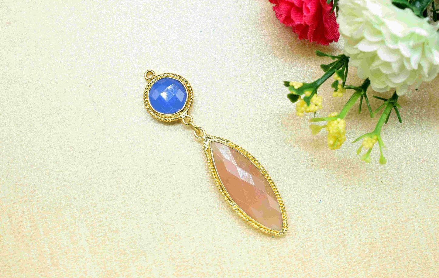 Blue Chalcedony  Pendant Charms , Peach Moonstone  Dangle Earring Component , Multi Gemstone Dangle Earring , Component Jewelry , B'day Gift