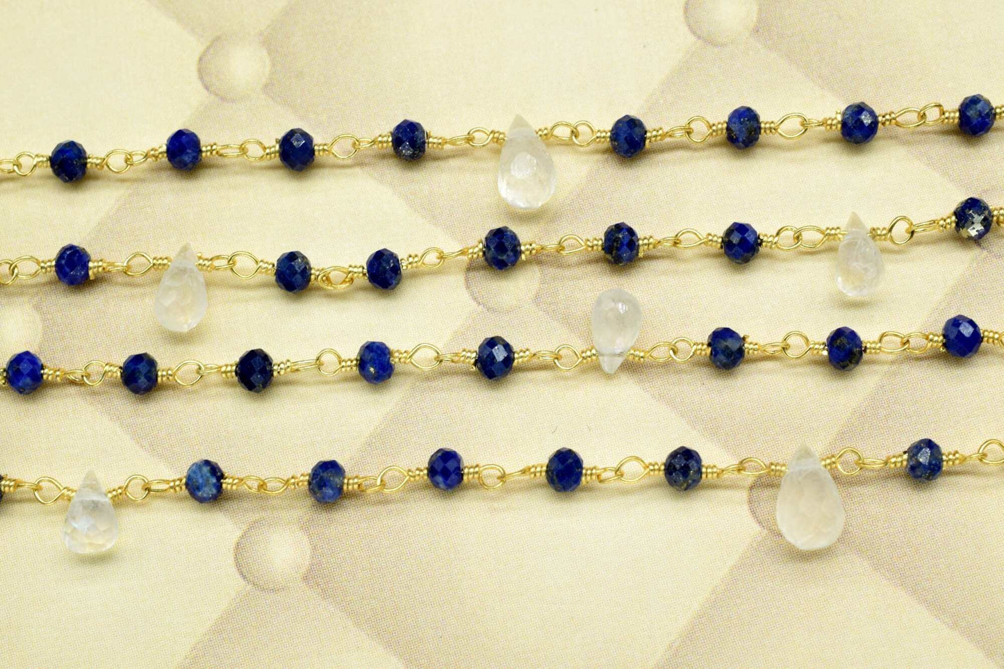Natural lapis Wire Wrapped Beaded Chain 3mm Approx , moonstone drop Wire Wrapped Rosary Chain, gemstone rosary,gold plated rosary drop,