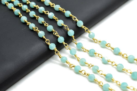 Amazonite 3mm Beaded Chain,Beaded Rosary Chain,Round,,Wrapped Brass Wire,Necklace,Bracelet,Handmade Jewelry, Finding Necklace Chain In Brass