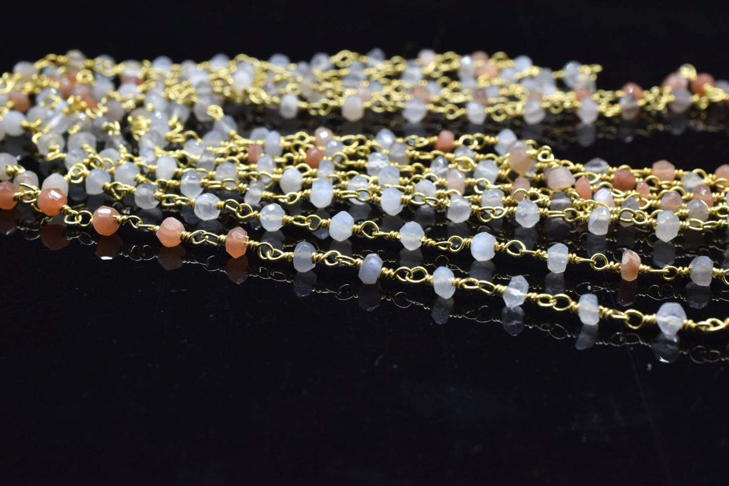 Multi Moonstone 3mm Beaded Chain,Multi Moonstone Wire Wrapped Chain,Moonstone Brass chain,Jewelry Making Chain,Moonstone Beads rosary chain