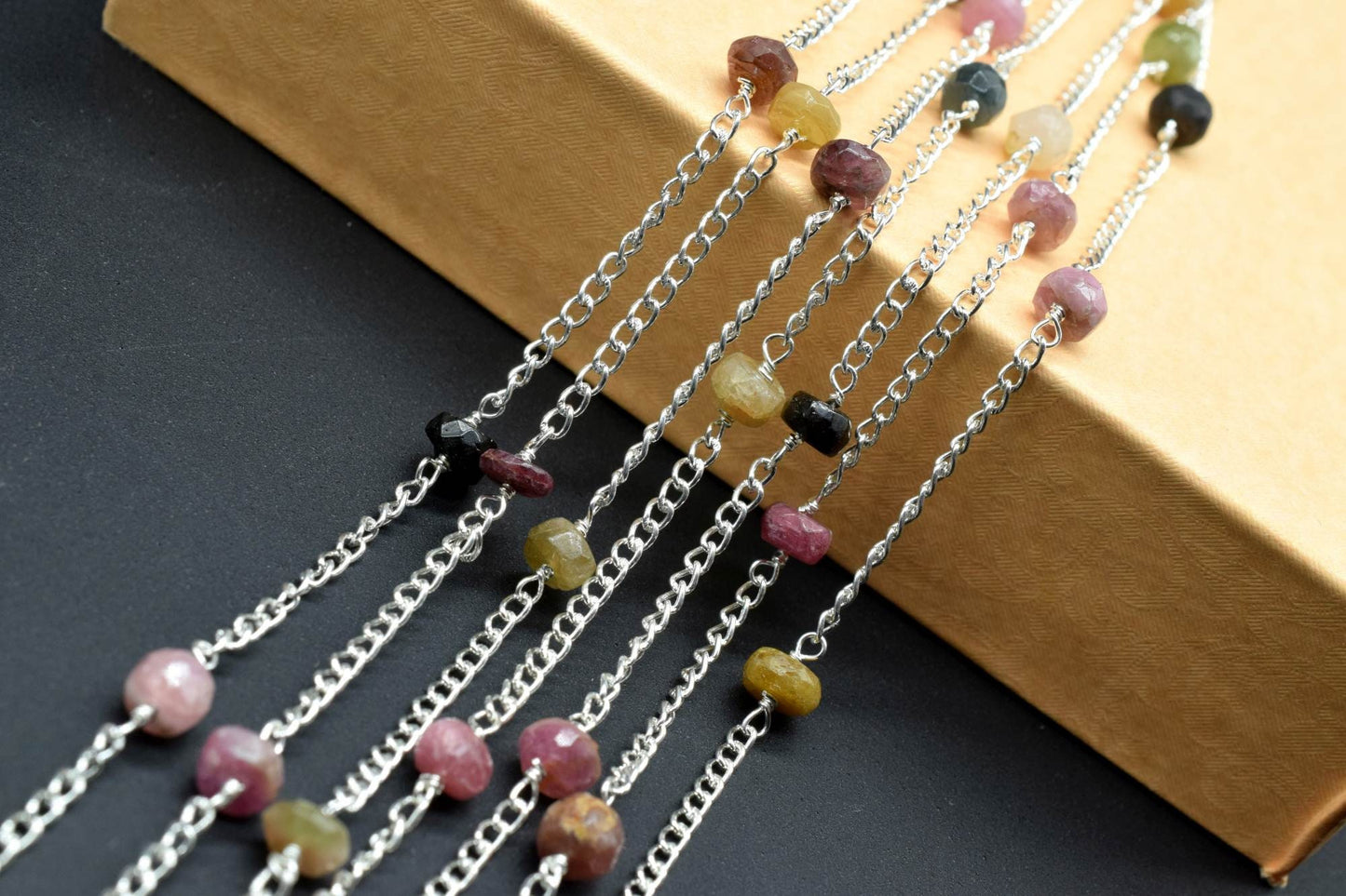 Multi Tourmaline Beads Rosary,Silver Plated,Wire Wrapped link Stone Rosary Chain,Round Faceted Bead,Craft Supply Rosary,Handmade Beads Chain