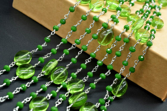 Natural Peridot Smooth Oval Rosary Style Beaded Chain,Gold Plated Wire Wrapped Chain,Gemstone Linked Handmade Chain,Jewelry Making,Per Foot