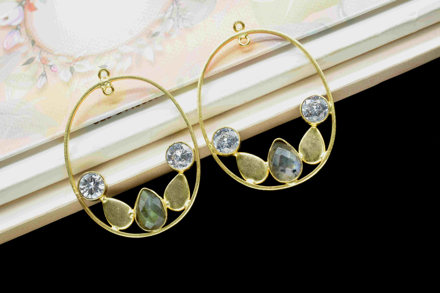 Multi Stone Labradorite Zircon Gemstone Pendant,Finding Oval Shape Single Bail Charm,Finding Gold Plated Connectors,Labradorite Earring,Gift