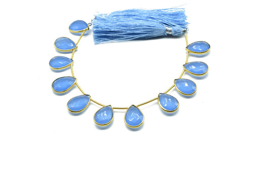 Pear Shape Blue Chalcedony Gold Plated Bezel strand,10x14mm Single Bail Connector Charms For Making Jewelry Findings Supply,11 pieces strand