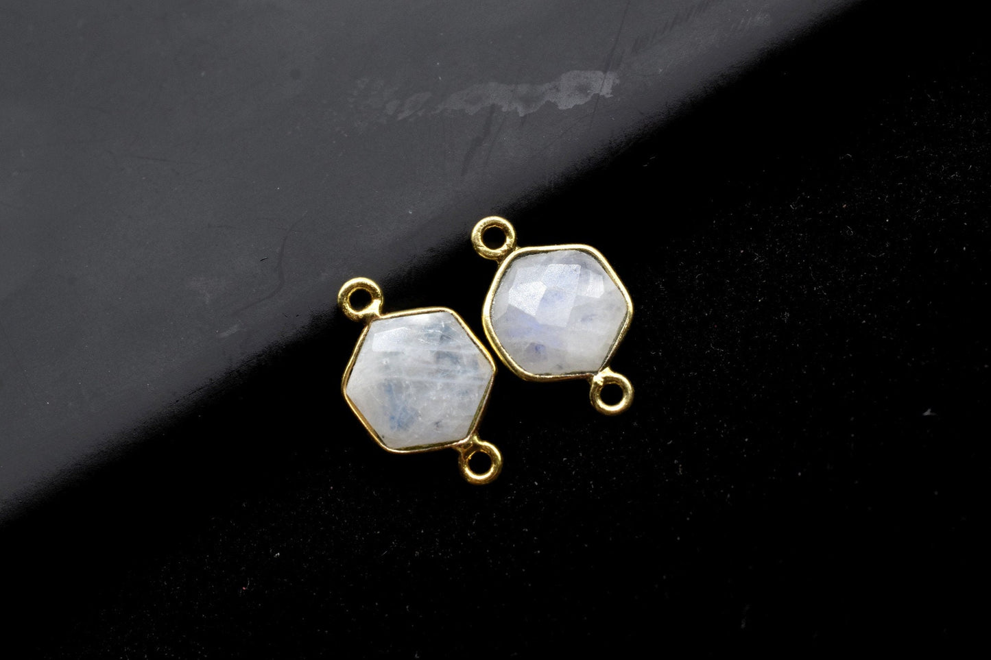 Moonstone 10mm Hexagon shape Double loop connectors,Moonstone Pendant,White Rainbow bezel link,Gemstone Hexagonal Cone Charm,Minimal Stone