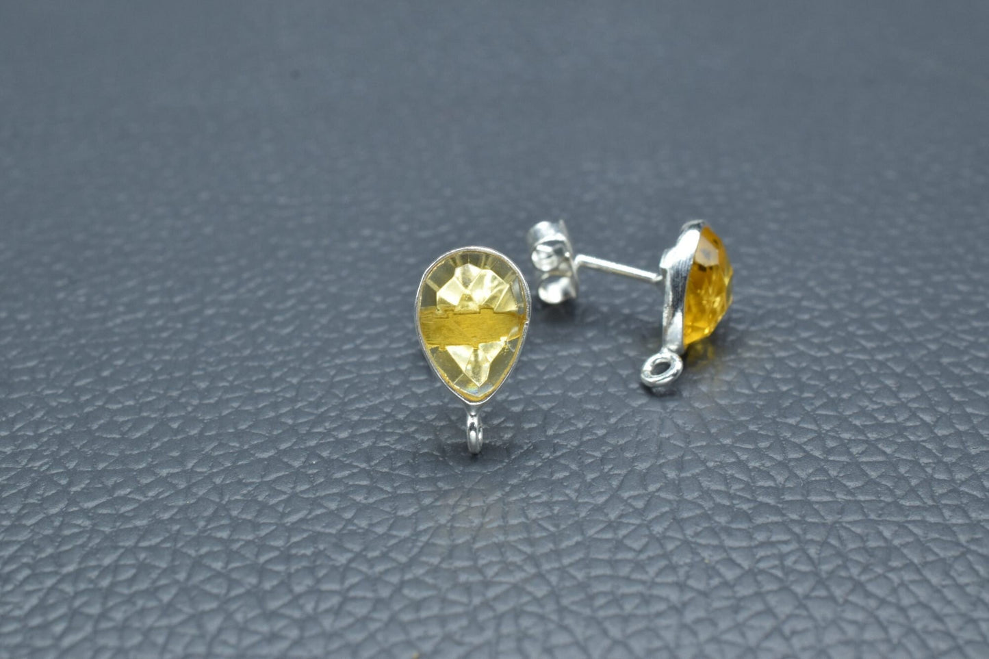Citrine 7x10mm Teardrop shape Earring connector Stud post setting with loop open bail, Citrine Silver Plated Earring With Loop