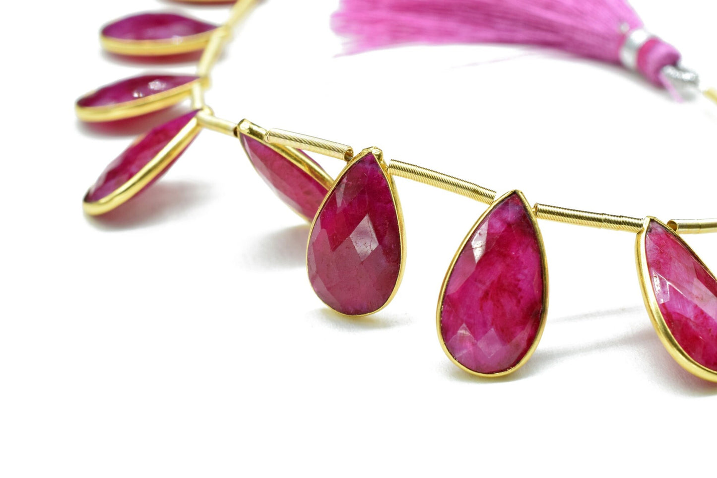Ruby Side to Side Drilled chrams,Faceted Teardrop Gold Bezel Rim,pendant,earring findings,Ruby connector,Brass Frame Gemstone drill bezel