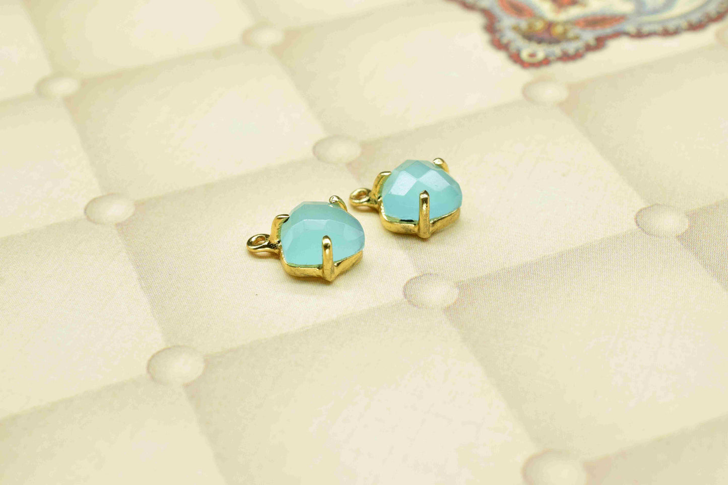 Aqua Chalcedony 8mm Triangle Shape Single bail connector,Aqua Quartz Handmade Gemstone Bezel,Green jewelry making,Prong Set Bezel Pendant