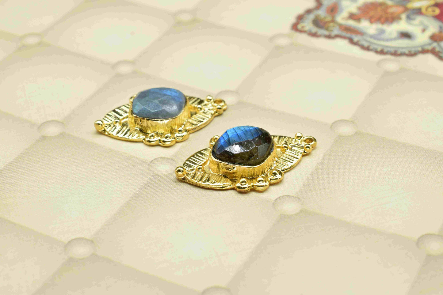 Natural Labradorite 10mm Cushion Connector Post Stud,Earring Connectors,Labradorite Jewelry, Findings Jewelry,Single Loop Connectors, Gift