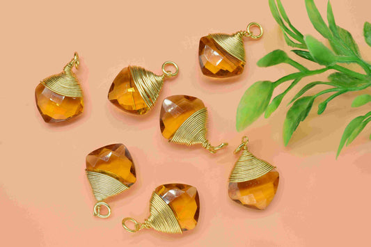 Citrine Wire Wrapped Connectors, Yellow Gemstone Pendant,Loop Connector,Wire Wrapped Necklace,12mm Square Shape Pendant,Citrine jewelry,Gift