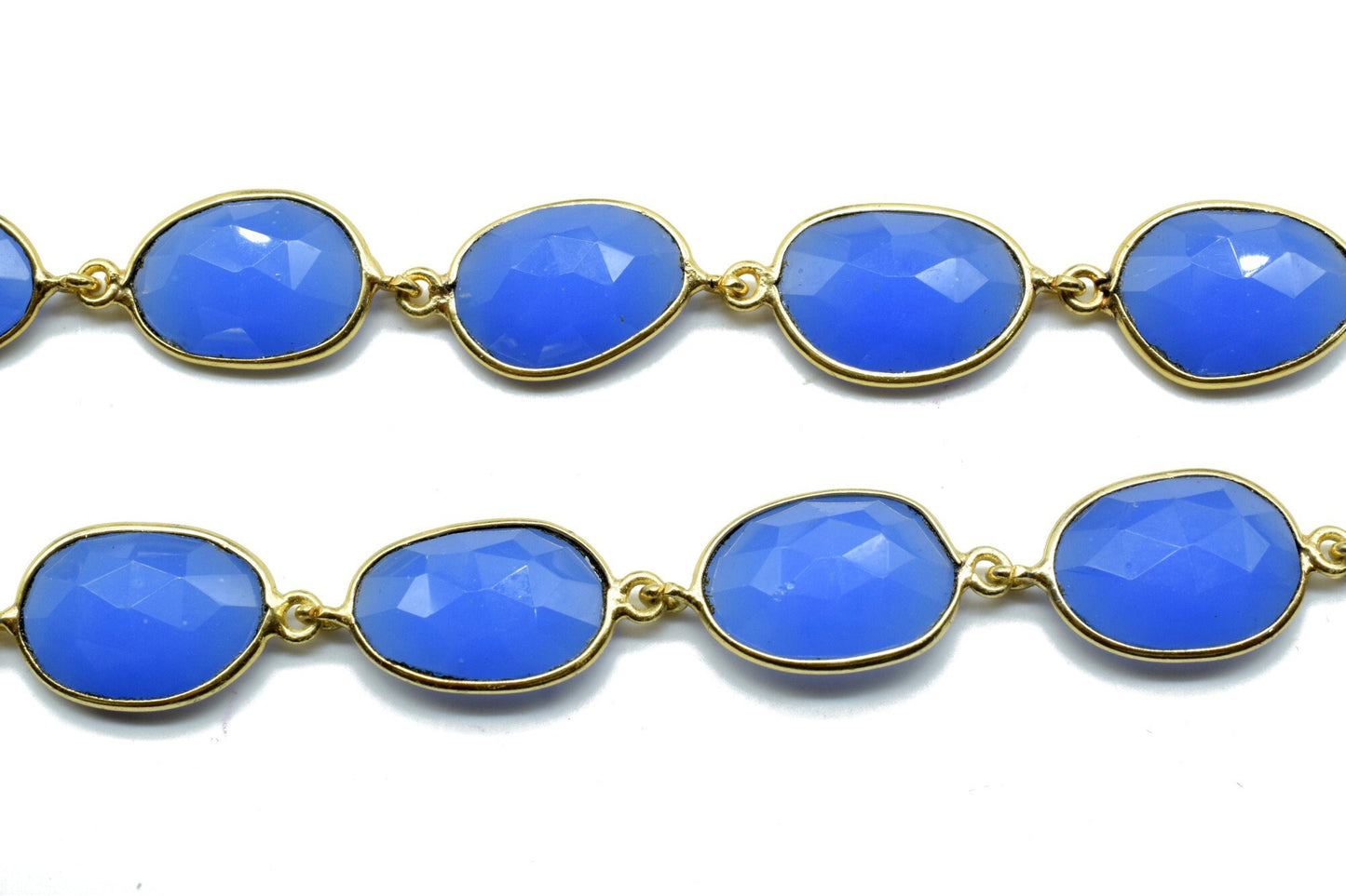 Blue Chalcedony Bezel Connector Chain,Free form Size Faceted Gemstone Connector Chain,Handmade Bezel Link Chain,Gold Plated Bezel Link Chain