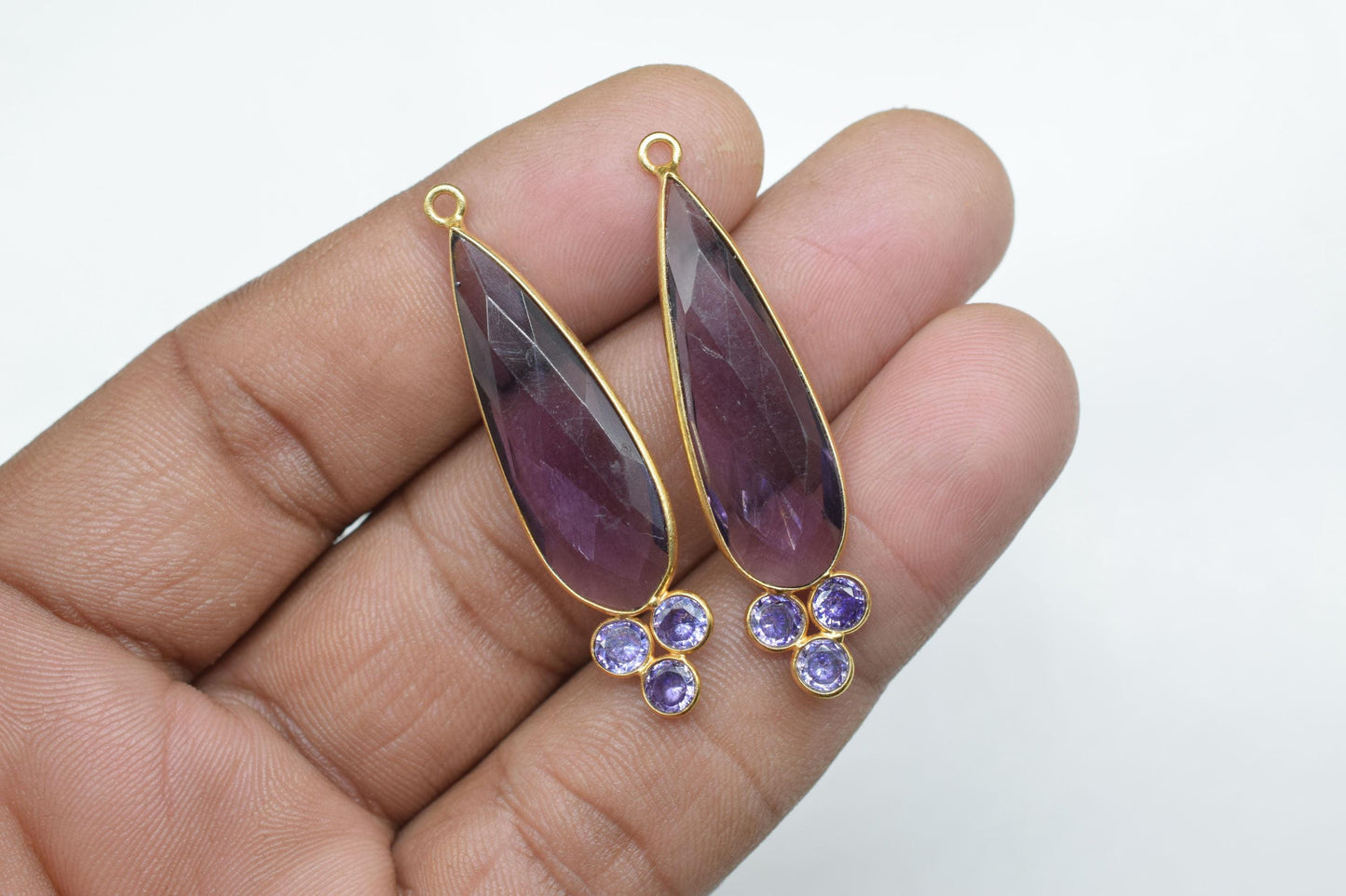 Amethyst Quartz 10x30mm Pear shape Bezel charms,Amethyst Quartz Pendant,Pruble Gemstone connector,Amethyst Jewelry,Cubic zirconia Bezel,P121