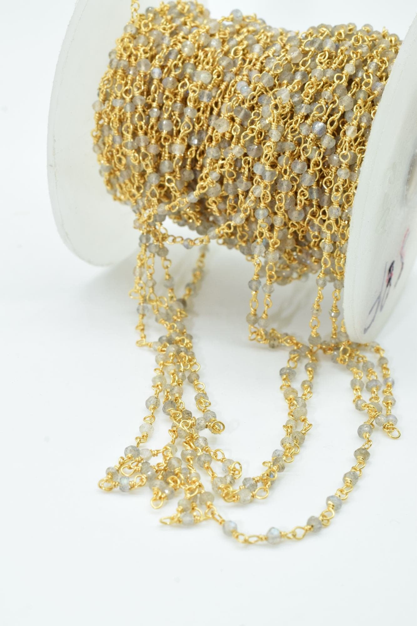 Labradorite 2mm Beaded Chain,Blue Fire Labradorite Rosary Chains,Gold Plating Wire Wrap Chain,Brass chain,Jewelry Making Chains,Rosary chain