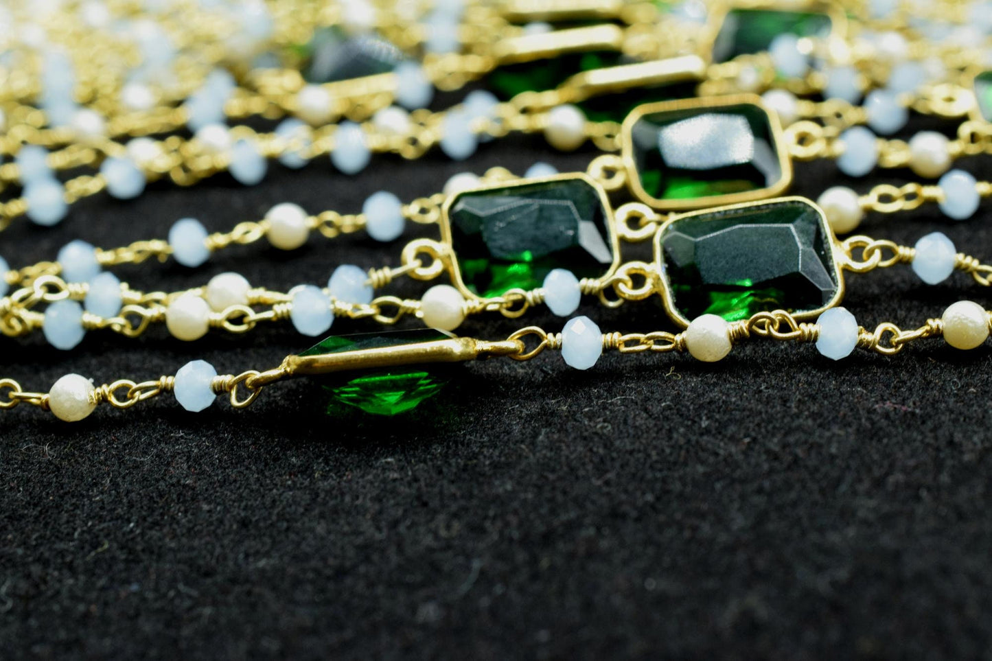 Blue Chalcedony Rosary,Emerald Quartz Bezel Link Chain,Pearl Beaded Rosary Chain,Gemstone Bezel Chain,Gold Plated Rosary Chain,Beaded Chain