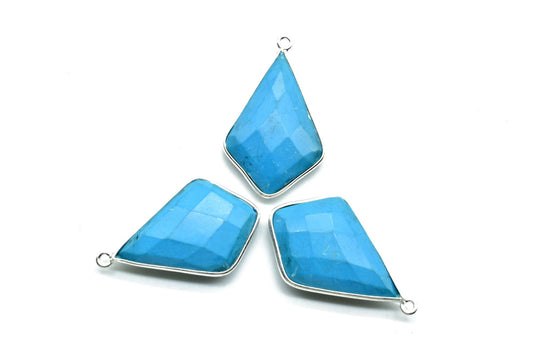 Turquoise 20x30mm Diamond shape single bail connector,Brass Silver Plated bezel,Turquoise Faceted Briolette Connector,Turquoise Bezel charms