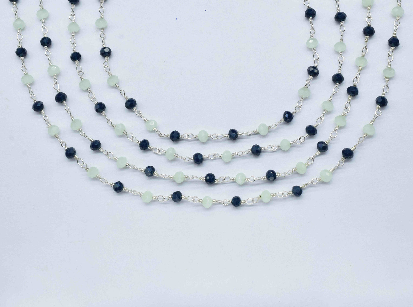 Blue Agate 3mm Beaded Chain,Multi Stone Beaded Rosary Chain,Aqua Quartz stone links,Handmade Jewelry Making Chain,Wire Wrapped Rosary Chain