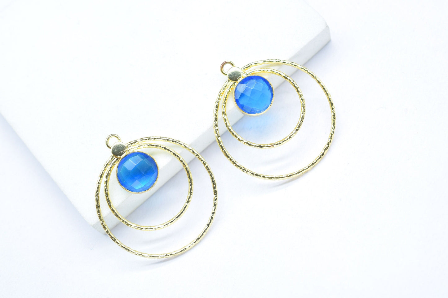 Blue Topaz Round Bezel Connector,Topaz Earring Connector,Brass Textured Jewelry,Blue Topaz Pendant,Topaz Gemstone Jewelry,Brithstone Jewelry