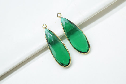 Emerald 10x30mm Pears Shape Connector,Gold Plated Single Bail Gemstone Connector,Jewelry Making Supplies,Green Gemstone Pendant,Bezel Charms