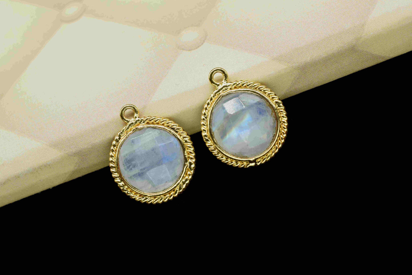 Rainbow Moonstone 10mm Round Shape Single Bail Connector,Moonstone Charms Pendant,Moonstone Gold Plated Bezel,Jewelry Making Charms Crafts