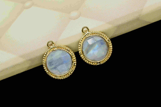 Rainbow Moonstone 10mm Round Shape Single Bail Connector,Moonstone Charms Pendant,Moonstone Gold Plated Bezel,Jewelry Making Charms Crafts