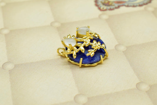 Blue Sapphire Leaf Designer Pendant Charms,Circle Pendant,Handmade Craft,Multi Stone Pendant,Prong Set Pendant,Gemstone Pendant Jewelry Gift