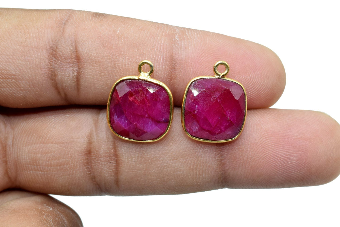 Ruby 12mm Cushion shape single bail connector,Ruby Pendant,Ruby cushion Gold Plated bezel,Ruby single loop connector,jewelry making charms