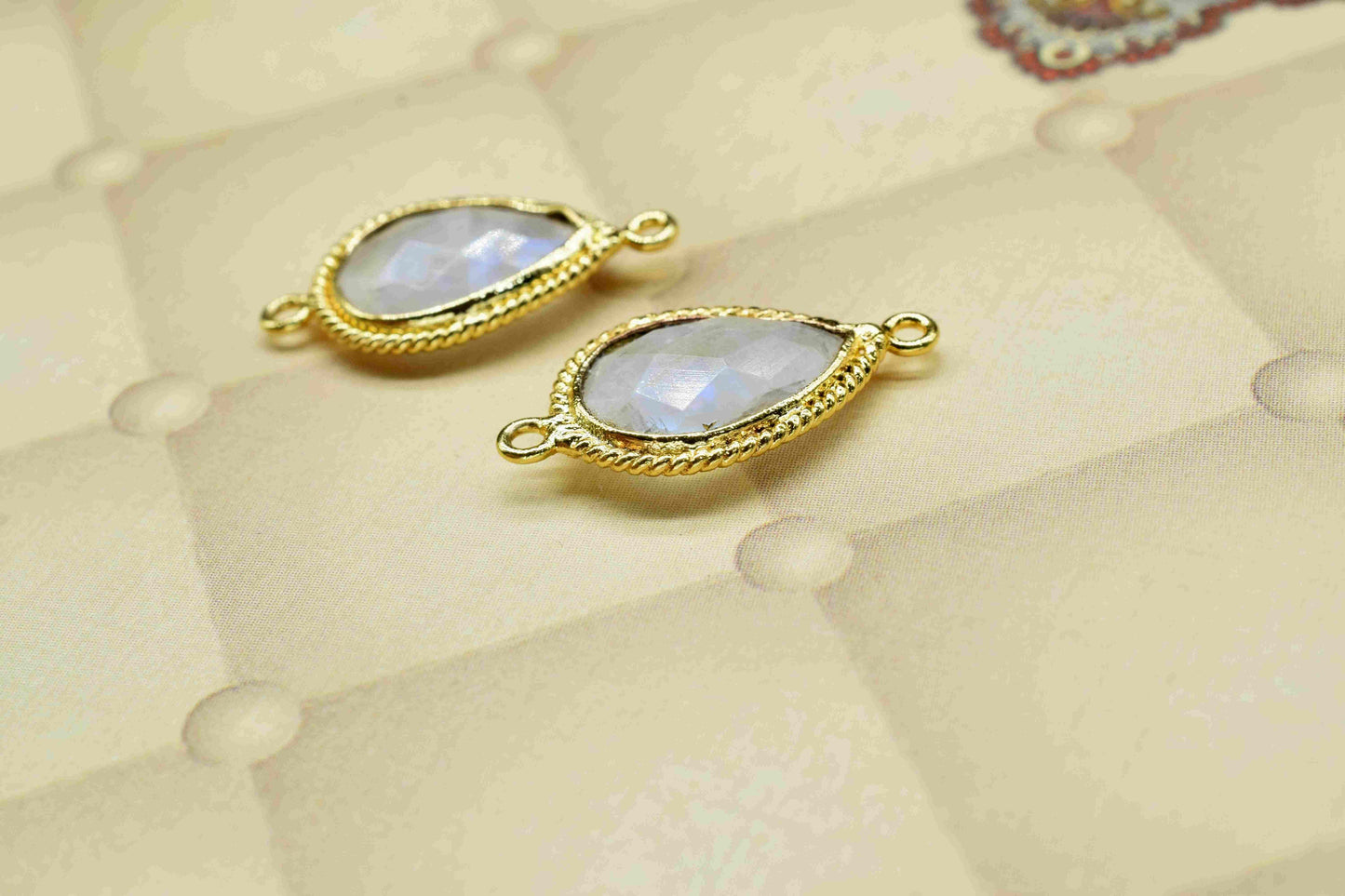 Rainbow Moonstone 9x13mm Pear Shape Double Bail Connector,Moonstone Teardrop Pendant,Moonstone Gold Plated Bezel,Jewelry Making Charms Gift