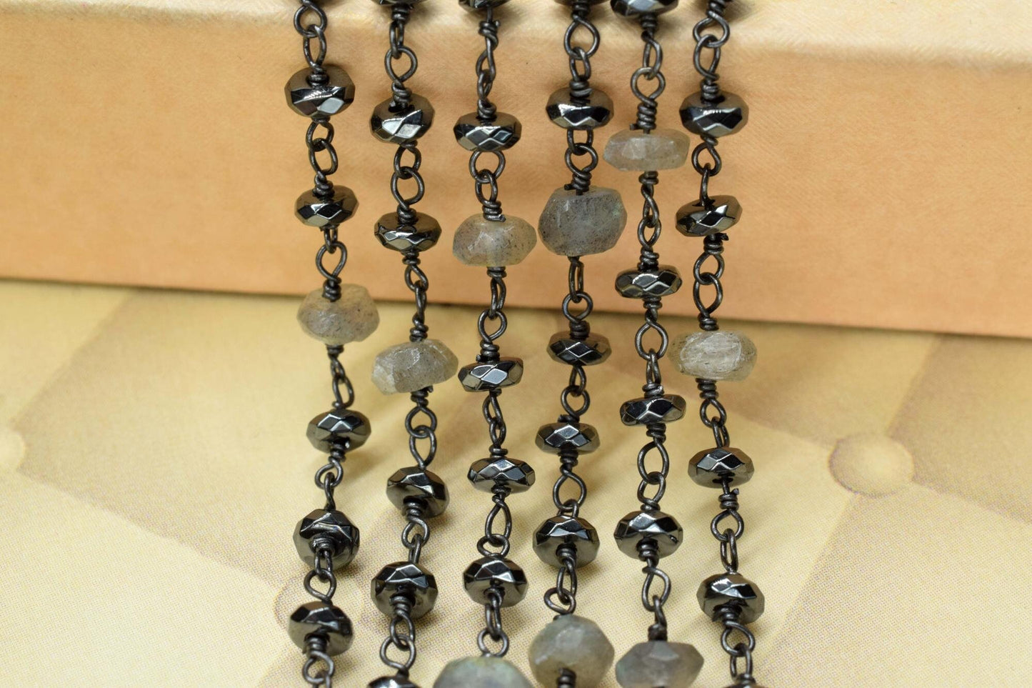 Labradorite 3mm Beaded Chain,Labradorite Rosary Chain,Gold Plating Wire Wrap Chain,Hematite Gemstone Rosary Chain ,dual gemstone beaded .