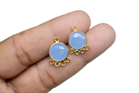 Blue Chalcedony 10mm Round Bezel Charm/Gemstone Brass Component/Single Bail Pendant charms/Round Handmade Jewellery Connector/B'day Gift