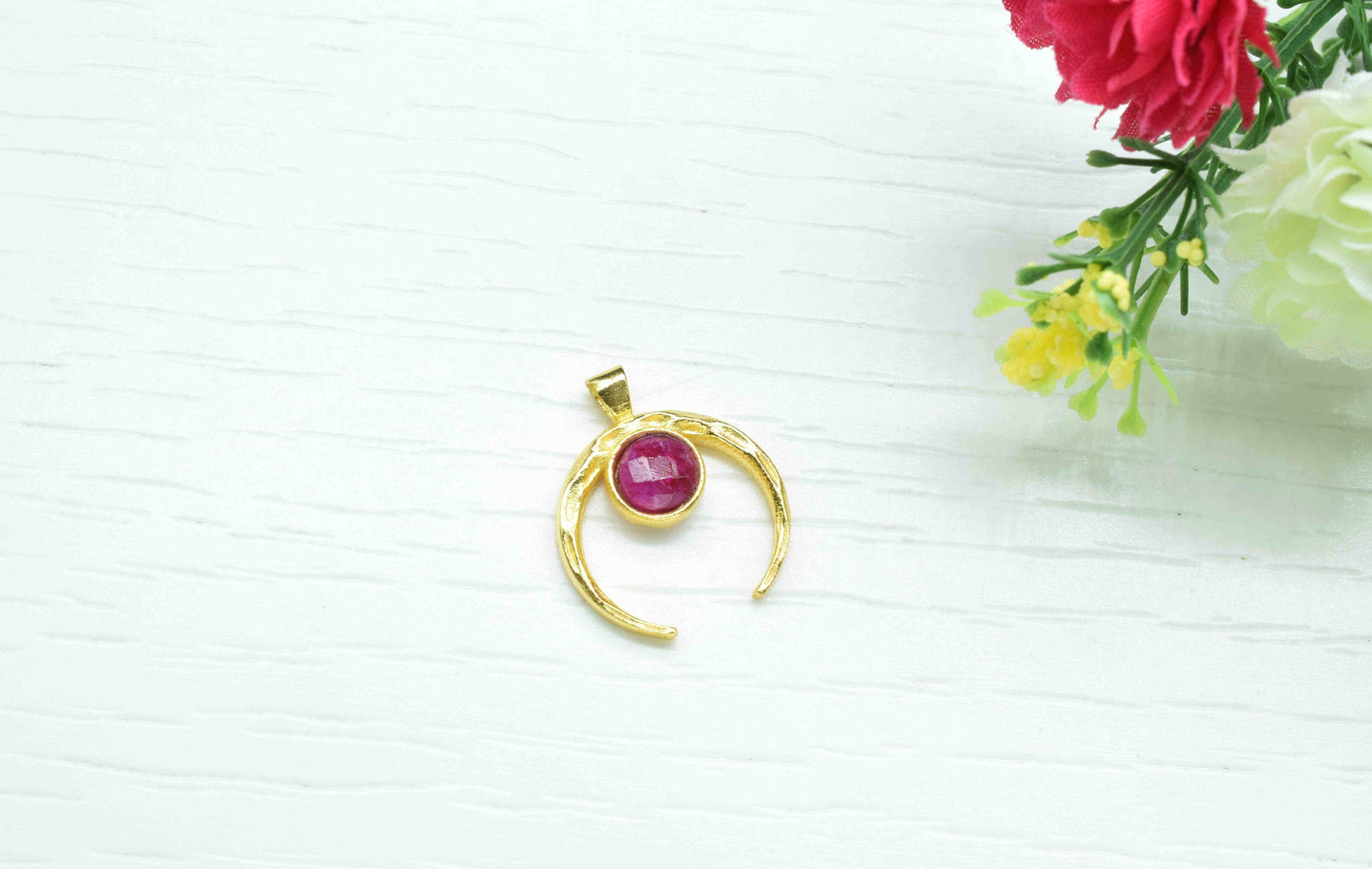 Ruby , Single Bail Charm , Ruby  Connector Pendant , Gold Plated Connectors , Single Bail Gemstone Connector Charm
