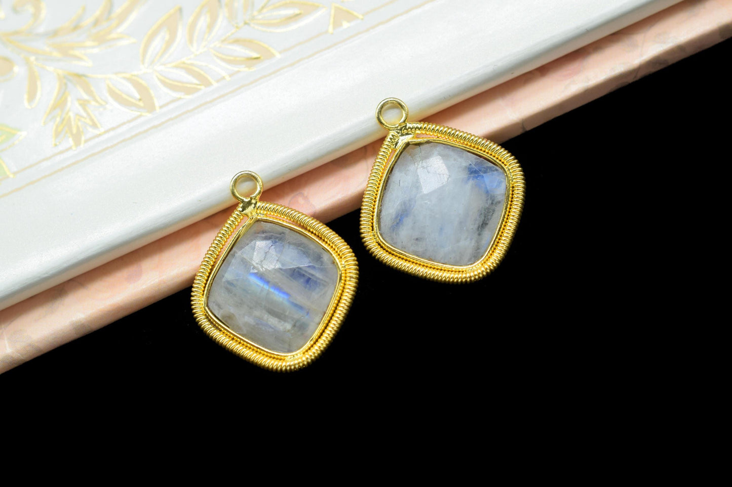 Rainbow 14mm Bezel Charms,Gemstone Cushion Bezel,Boho Pendant Charms,Single Loop Connector,Handmade Brass Charm,Component Pendant Jewelry