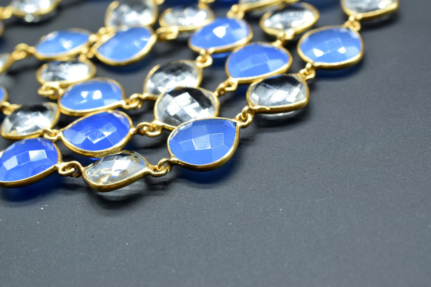 Blue chalcedony & Crystal Bezel Chain I Handmade Bezel Link Chain I Chalcedony Gold Plated Bezel Chain,,Gemstone Connector Chain Per Foot
