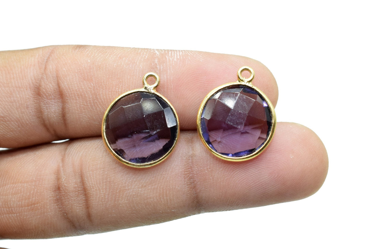 Amethyst 14mm Round Connectors,Brass Gold Plated bezel,Amethyst single Bail Pendant,February Birthstone Coin Links,Jewelry Making Findings