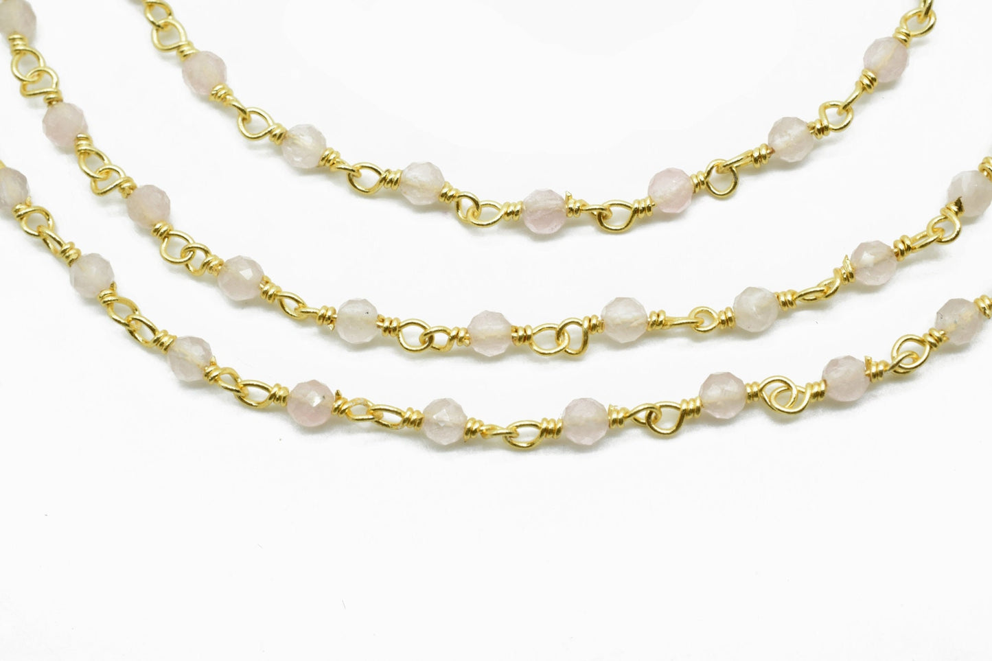 Rose Quartz 3mm Beaded Chain,light Pink Rosary Chain, Wire Wrapped Gold Chain,Rose quartz Gold Wire Wrapped Rosary Chain,Rosary Beaded Chain