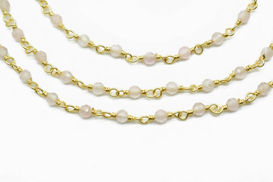 Rose Quartz 3mm Beaded Chain,light Pink Rosary Chain, Wire Wrapped Gold Chain,Rose quartz Gold Wire Wrapped Rosary Chain,Rosary Beaded Chain