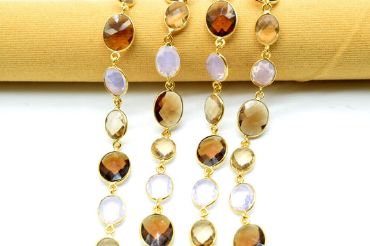 Smoky Quartz & Pink Opalite Gold Plated Bezel Chain Gemstone Connector, Chain,Bezel Connector Chain,Selling Per Foot,Jewelry making chains