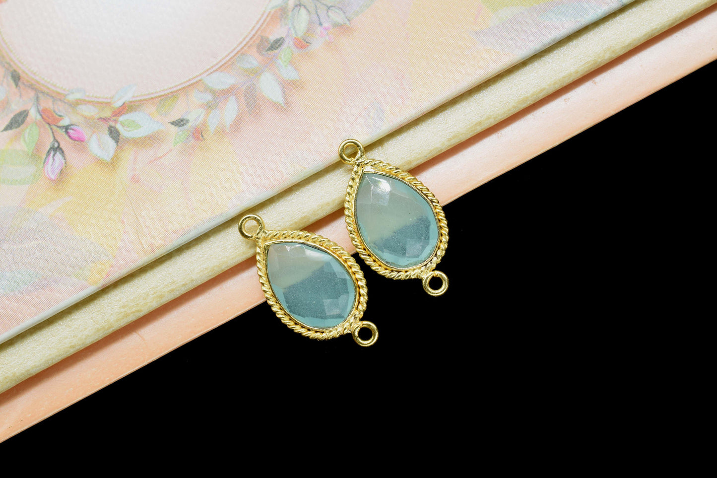 Aqua chalcedony Double Bail Charms Jewelry,Aqua Chalcedony Faceted Bezels Charms,Aqua Chalcedony 10x14mm Pear Shape Gold Plating Bezel,Gift