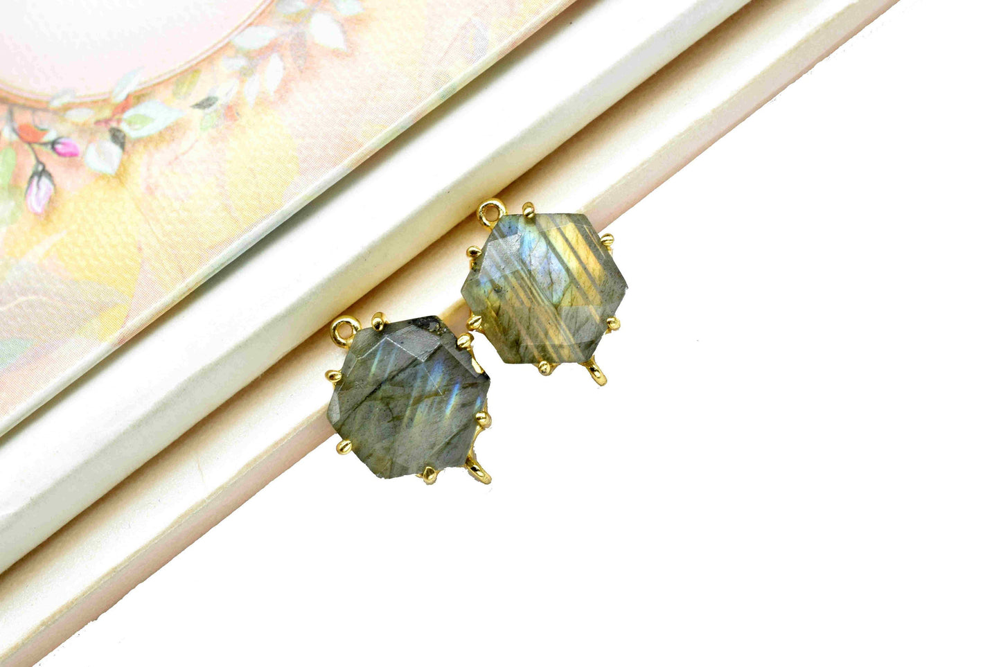 Labradorite Hexagon Connector,Charms for bracelet necklace Jewelry Making,Handmade Gemstone Bezel,Beads Prong Jewelry,double bail connector