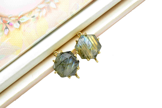Labradorite Hexagon Connector,Charms for bracelet necklace Jewelry Making,Handmade Gemstone Bezel,Beads Prong Jewelry,double bail connector