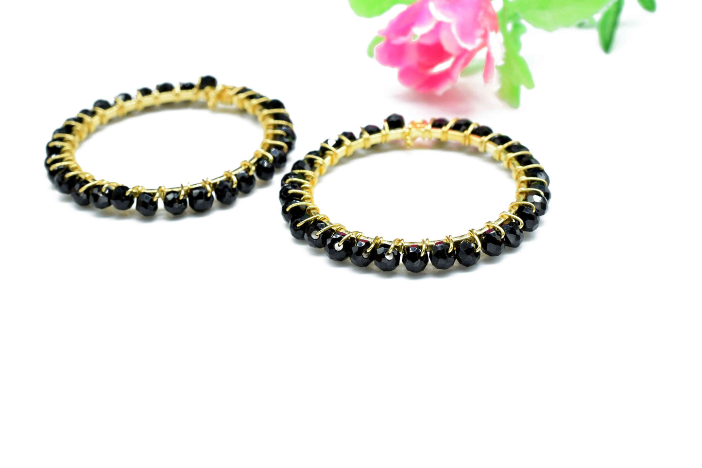 Black Onyx Wire Wrapped Dangle Connector,Circle Pendant Component,Handmade Earring,Beaded Hoops Earring,Finding Component Black Onyx Jewelry