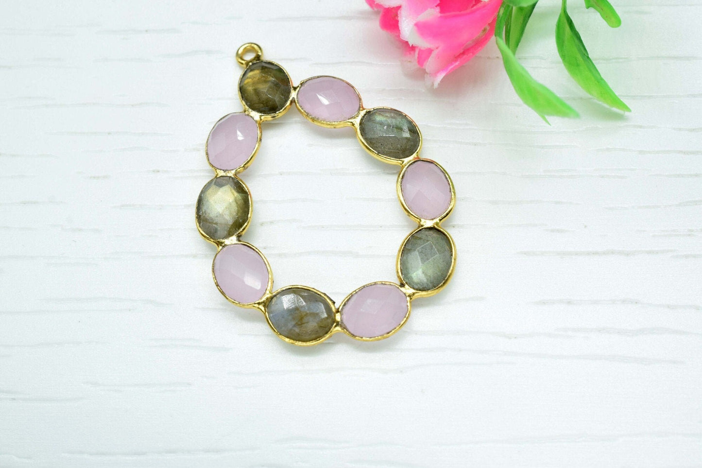 labradorite pendant,rose quartz pendant,multi gemstone connector ,gold plated pendant,single bail bezel,gemstone bezel,handmade pendant,
