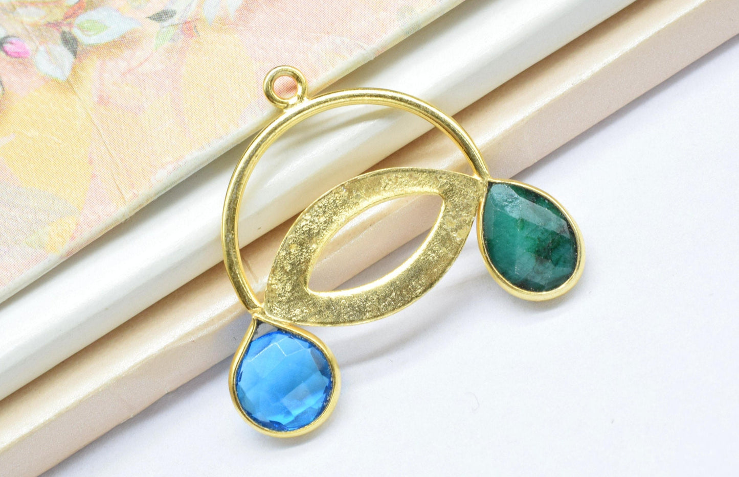 Multi Gemstone Pendant/Single Loop Charms/Teardrop shape Pendant/Emerald and Sky Topaz Pendant/Gemstone Components/Jewellery Making/DIYGift