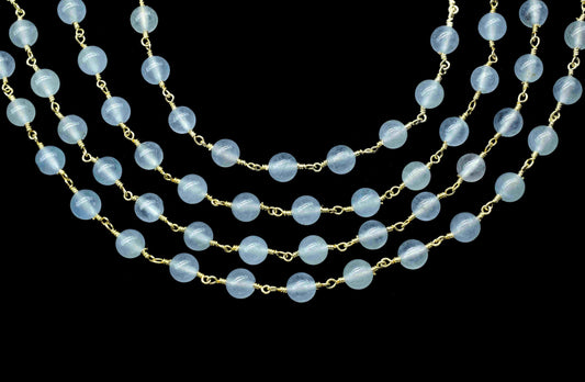 Blue Chalcedony gemstone 6mm Smooth Beads Rosary,Bulk Wholesale Beads Chains,Chalcedony Beads Chains,Blue Quartz Wire Wrapped Rosary Chain