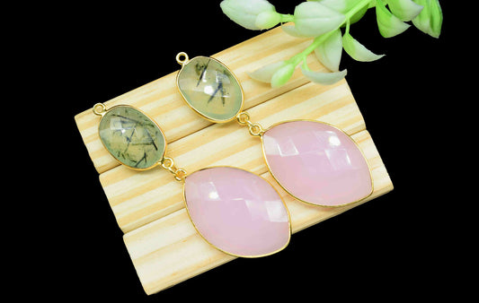 Prehnite Dangle pendants,Handmade jewelry,Rose Quartz pendant Charms,Component pendant,Station Link,Multi Gemstone Connector,Bezel Jewelry